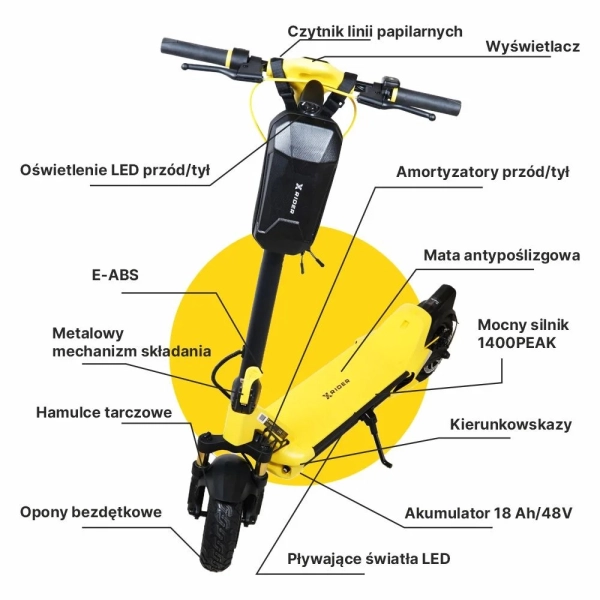 XRIDER MX10 Max, Aplikacja, KERS, 1400W PEAK, bateria DMEGC 18Ah z aktywnym balanserem